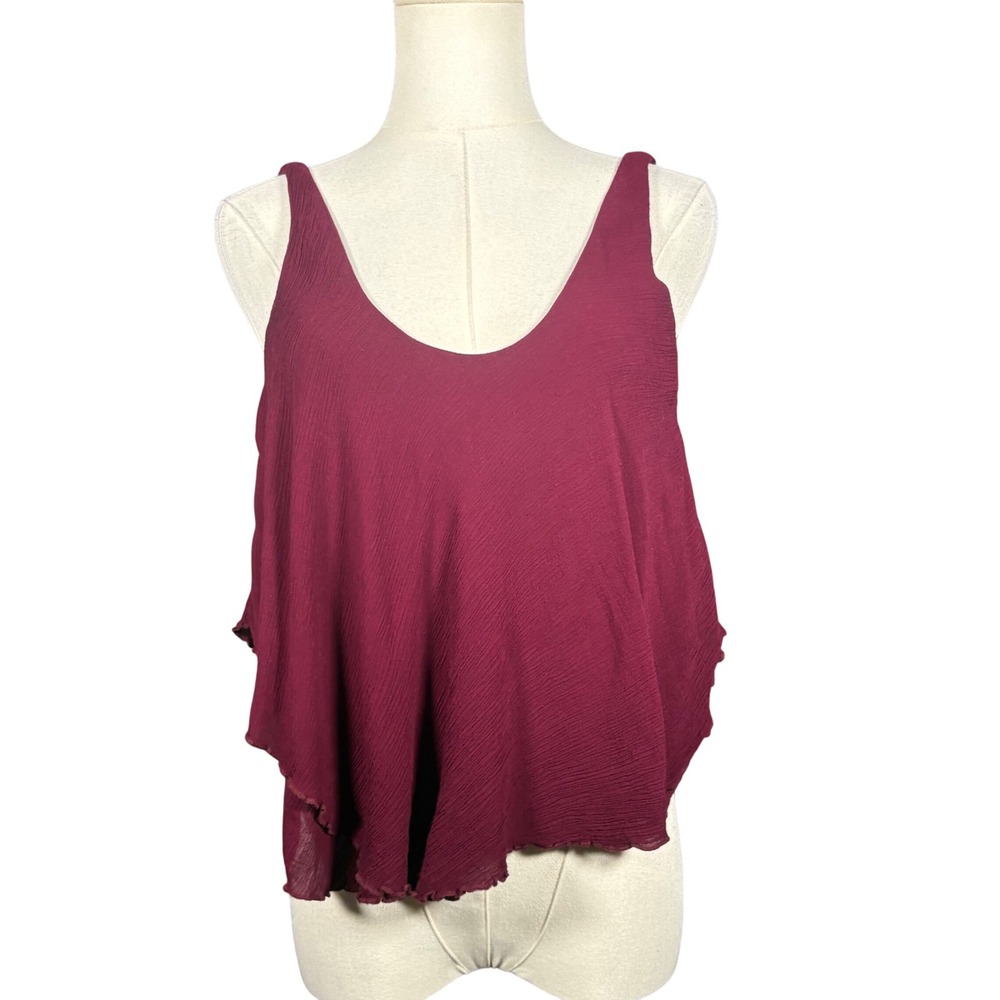 Intimately Free People Burgundy Crinkle Gauze Tiered Ruffle Tank Top XS